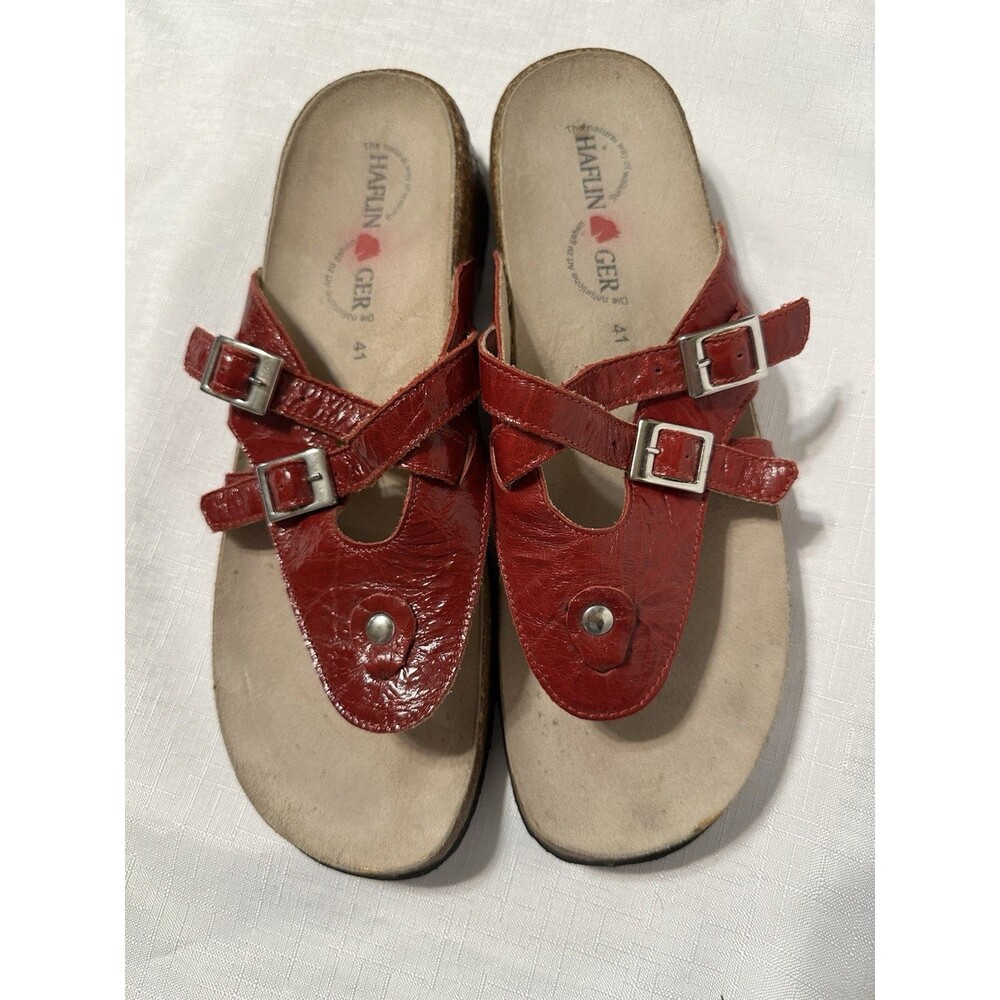HAFLINGER Red Patent Leather Strap Buckles Thong Flip Flop Sandals Sz 41 / US 10